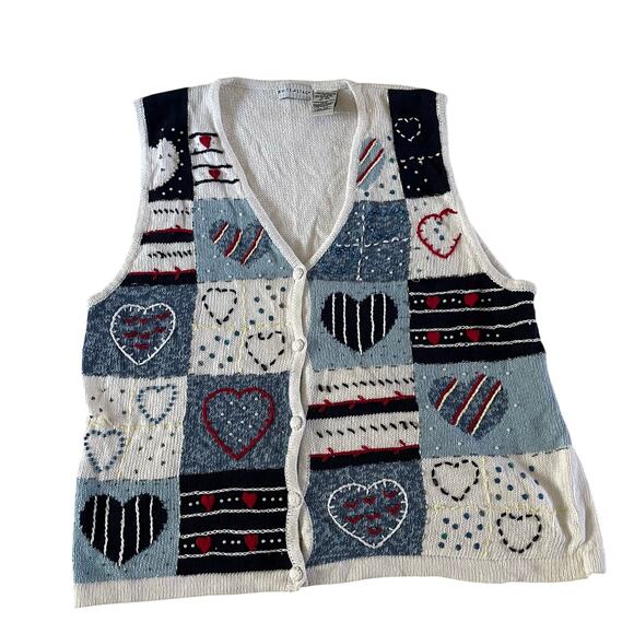 NWT Vtg Y2K 2000s Heart Embroidered Beaded Knit Sweater Vest Sz XL Cottagecore - Picture 1 of 7